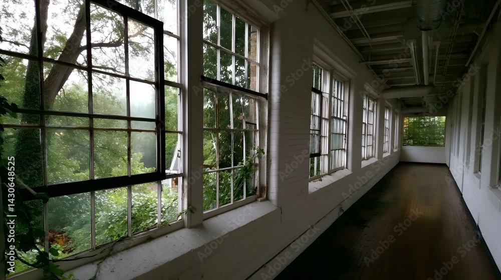 Obraz premium asylum with peeling walls, rusted metal doors, and dim, flickering lights casting long, menacing shadows