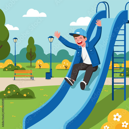 Boy Sliding Down the Slide Smiling with Hands Raised in Park