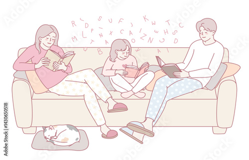 A peaceful family moment of parents and their child happily reading together on a cozy couch, creating memories