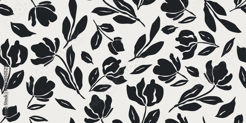Black and white abstract hand drawn flowers, floral seamless pattern with flowers for fabric, textile, apparel, poster, cover, banner, wall art, background. Vector illustration.