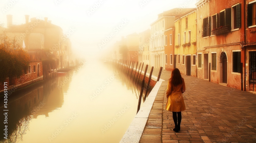 Mysterious Woman in Golden Mask on Bridge Over Misty Italian Canal Mysterious Woman in Golden Mask on Bridge Over Misty Italian Canal