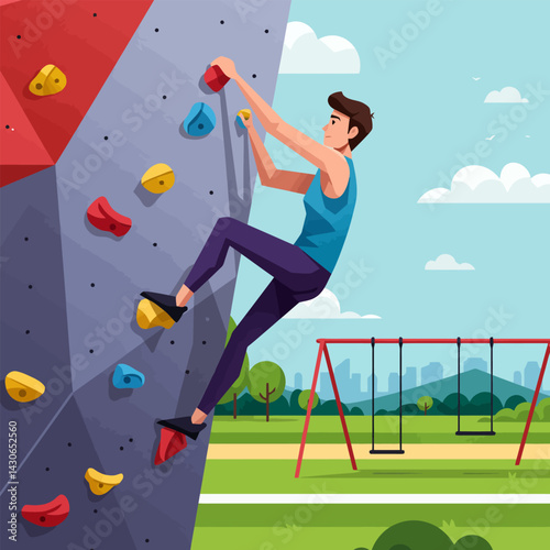 Person Climbing Colorful Indoor Wall at the Park with Swings