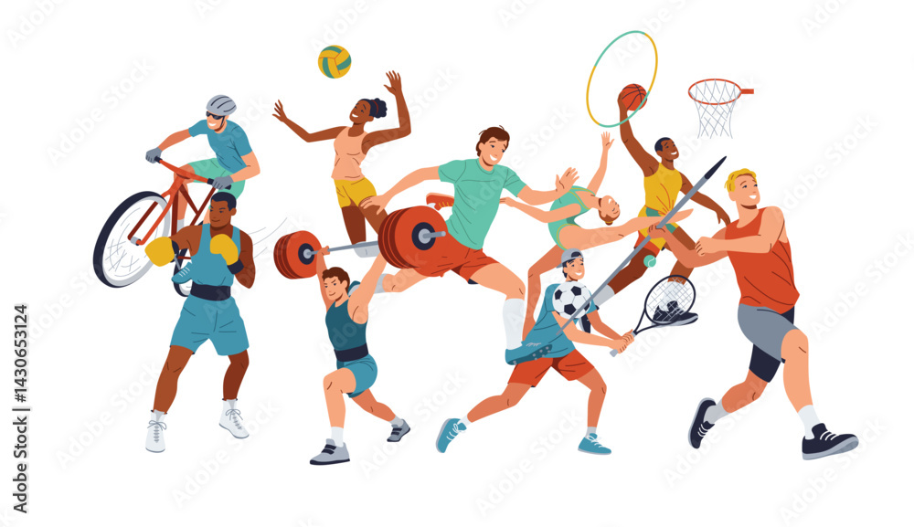 Dynamic athletes embody diverse sports cycling boxing weightlifting gymnastics soccer basketball running and volleyball Dynamic athletes embody diverse sports cycling boxing weightlifting gymnastics soccer basketball running and volleyball