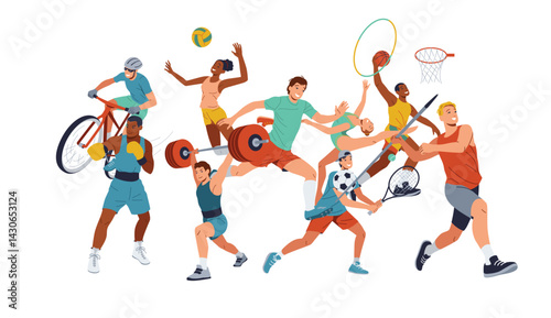 Dynamic athletes embody diverse sports cycling boxing weightlifting gymnastics soccer basketball running and volleyball