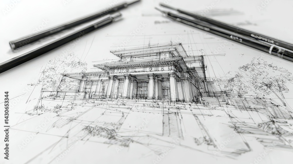 Fototapeta premium Architectural sketch of a grand building with detailed pencil work.