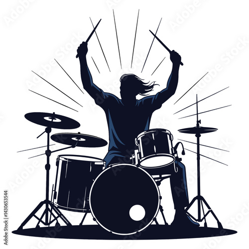 Male Musician Drummer Silhouette Vector, Drummer With Drums Silhouette Vector Illustration.