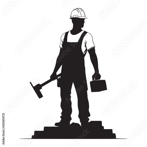 Construction worker holding a shovel in silhouette style illustration