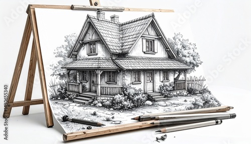 A pencil sketch of a quaint countryside house, meticulously detailed, displayed on a simple wooden easel with tools scattered below.