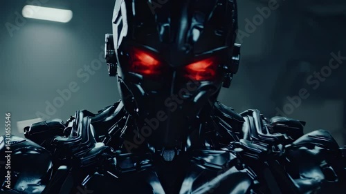 Close portrait metallic robot head with intricate armor details and red glowing eyes staring intensely suggesting ai threat future tech power and potential danger