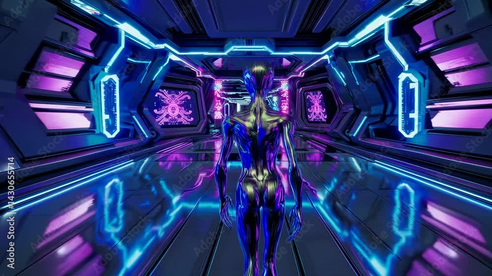Metallic humanoid figure strides in illuminated corridor glowing neon blue purple lights on floor and walls suggesting space travel virtual reality tech journey