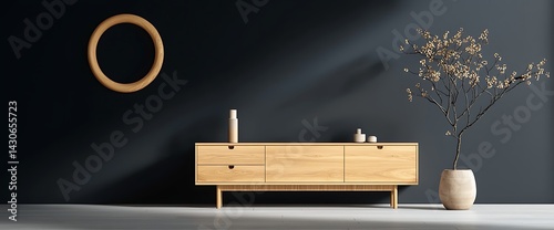 Modern minimalist interior design, featuring a wooden credenza and decor
