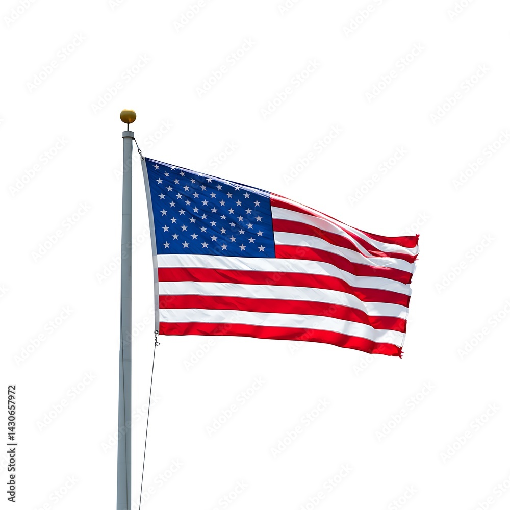 Obraz premium American flag waving on a pole, stars and stripes, isolated on white background