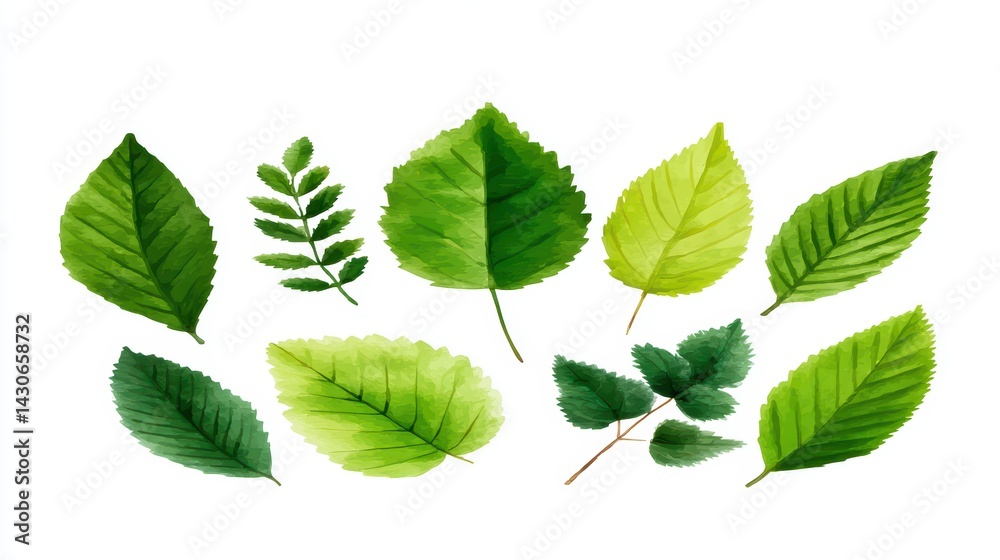 Fototapeta premium Variety of Green Leaves on White Background for Nature Themes