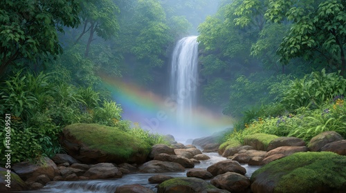 Serene Waterfall in Lush Forest with Rainbow and Natural Beauty