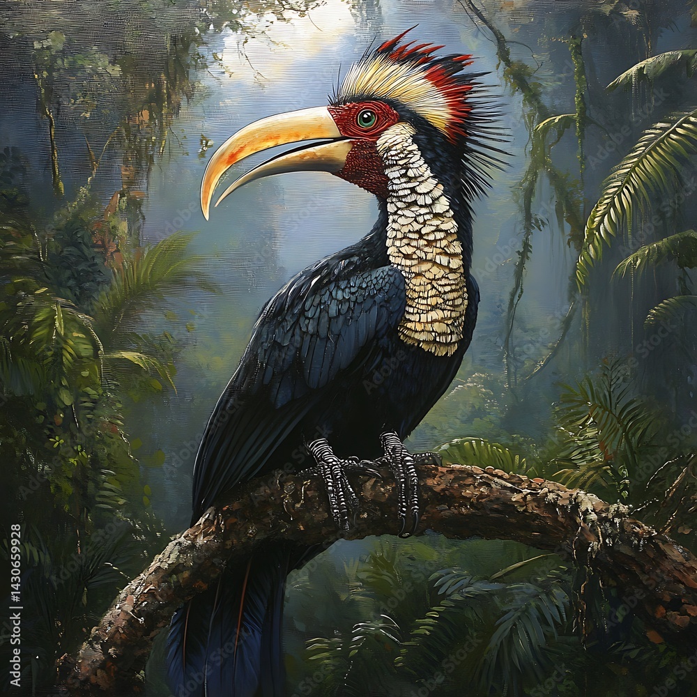 Fototapeta premium Majestic Wreathed Hornbill perched on a tree branch in jungle