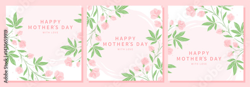 Mother's Day cards set. Spring summer floral design in pastel colors. Vector illustration for banner, poster, label, template, sale.