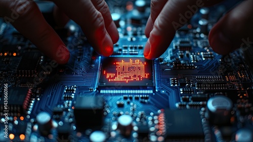 Hands adjusting components on blue circuit board with red chip, showcasing technological precision. 