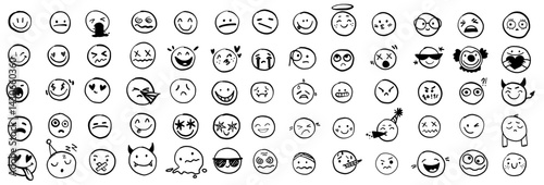 Smile doodle faces in hand drawn vector doodle sketchy style. Happy, sad, crying emotional scribbles, icon comic elements for business design.