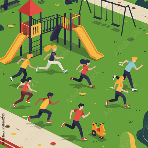 People Running on Playground with Slide and Swing Set Cartoon