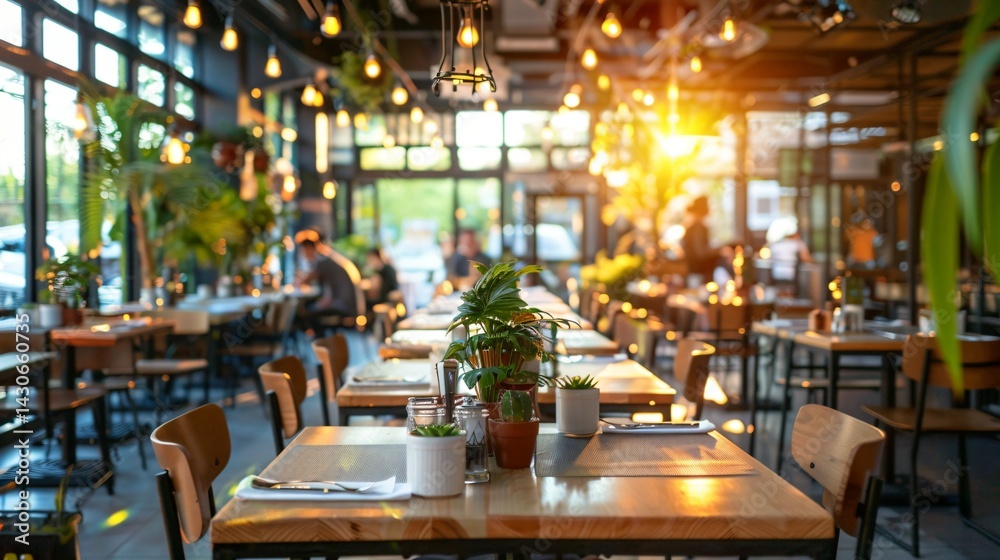 Elegant empty restaurant interior with polished wooden tables and ...