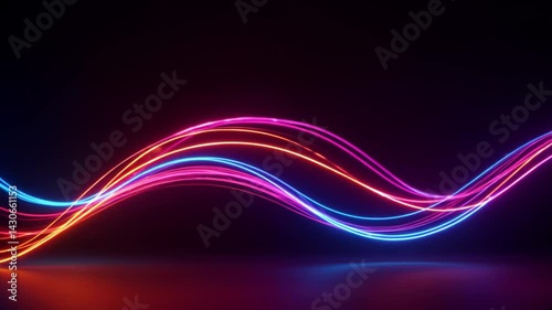Abstract neon light bands curving against a dark background  