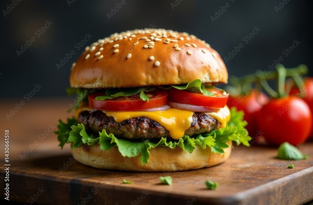 Burger with patty, tomatoes, lettuce and processed cheese. Burger with patty, tomatoes, lettuce and processed cheese.