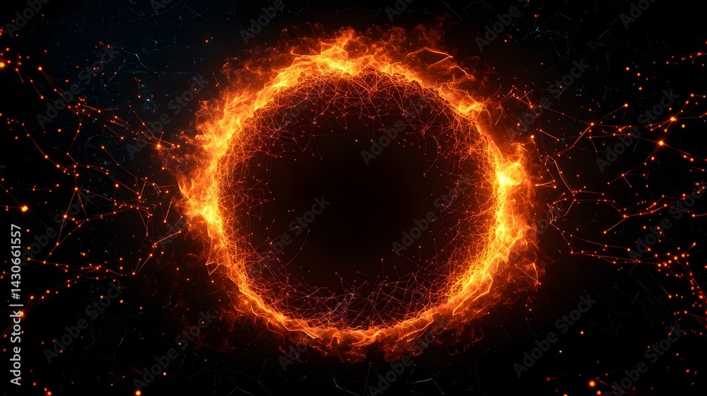 Fototapeta premium A fiery ring of interconnected nodes and glowing embers floats in a dark, abstract space.