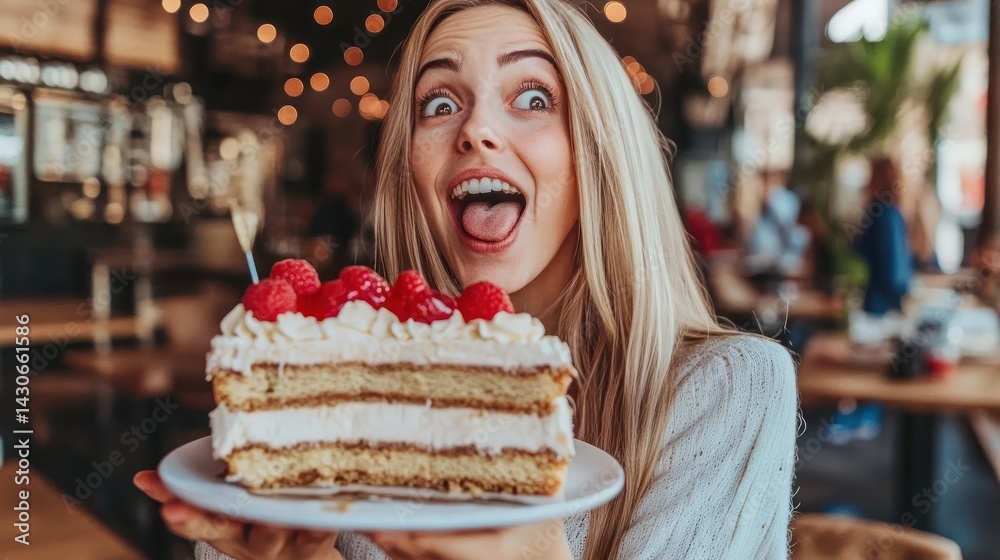 a young woman expressing joy and excitement while holding a delicious slice of raspberry cake inside a cozy and welcoming cafe environment a young woman expressing joy and excitement while holding a delicious slice of raspberry cake inside a cozy and welcoming cafe environment