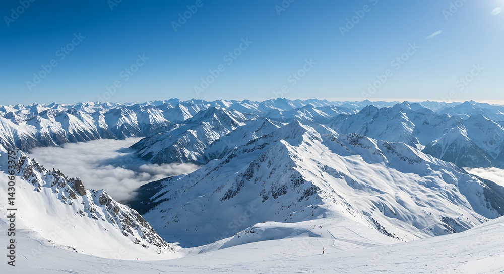 Snowy Mountain Range Vista with Sea of Clouds Underneath, Alpine Winter Landscape on a Bright, Sunny Day, Scenic Panorama Snowy Mountain Range Vista with Sea of Clouds Underneath, Alpine Winter Landscape on a Bright, Sunny Day, Scenic Panorama