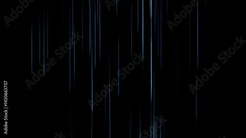Thin vertical streaks of light descend slowly across a dark background  