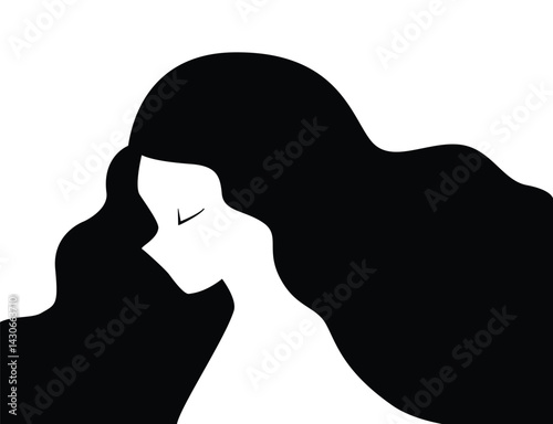 woman cartoon side face with long hair silhouette for illustration, book and salon