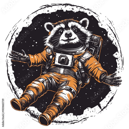 Cartoon vector illustration of a raccoon in an astronaut suit floating above a stylized moon crater on white background no shadow.

