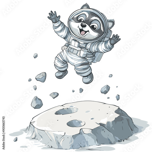 Cartoon vector illustration of a raccoon in an astronaut suit floating above a stylized moon crater on white background no shadow.
