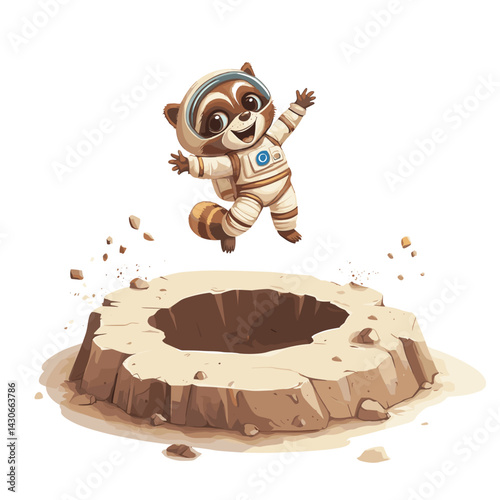 Cartoon vector illustration of a raccoon in an astronaut suit floating above a stylized moon crater on white background no shadow.
