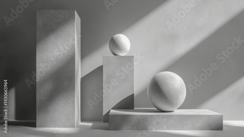 Abstract composition of geometric shapes in a serene monochrome setting.