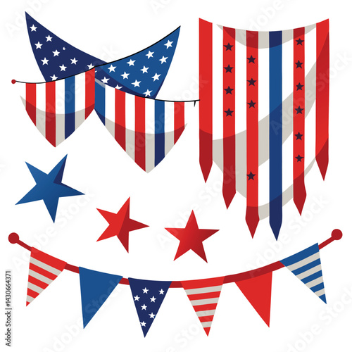 American patriotic streamers  set isolated shilhotee vector on white background