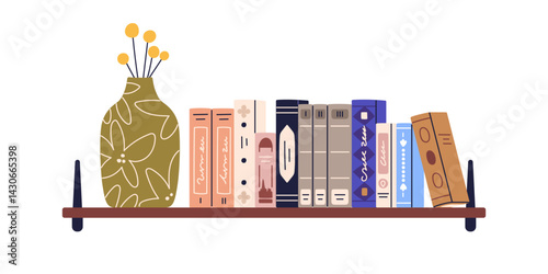 Bookshelf with classic literature and flower vase. Fiction and education books in row, standing on shelf. Home library for reading, learning. Flat vector illustration isolated on white background