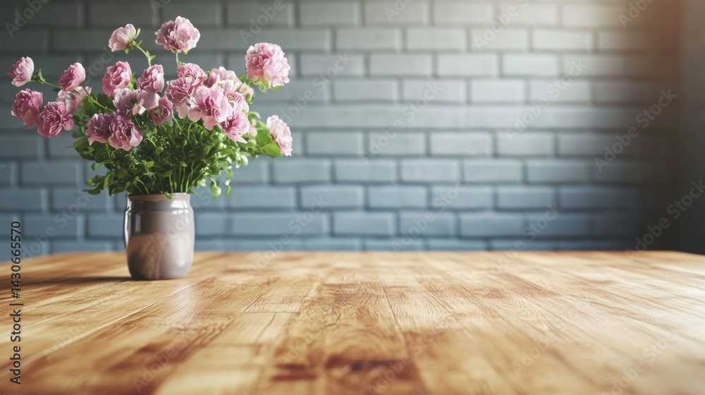 Fototapeta premium Gentle pink flowers in a vase on a wooden table.
