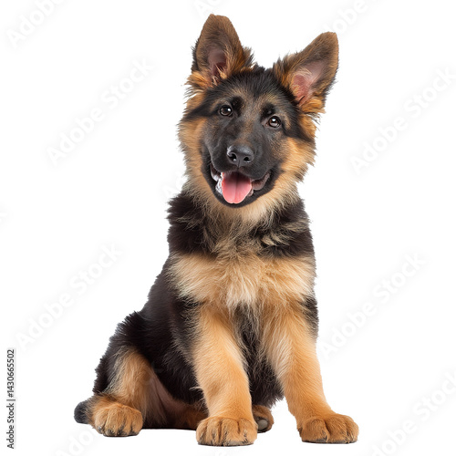 Adorable german shepherd puppy sitting with mouth open, tongue out, panting on a transparent background, perfect for easy integration into any design project