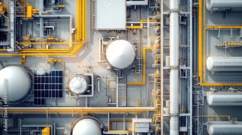 Aerial view of industrial complex with pipelines and tanks.