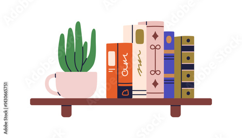 Book shelf. Home library, bookshelf with classic fiction and academic literature in line. Reading and education, hardback covers and potted plant. Flat vector illustration isolated on white background