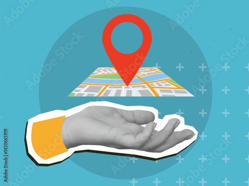 Black and white hand holding a map with red location pin. Modern collage style. Vector illustration