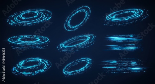 Abstract Futuristic Glowing Neon Rings and Light Streaks Digital Art Background