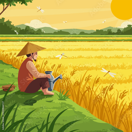 Farmer Relaxing by Rice Field with Watering Can Under Sun