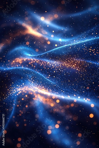 Abstract glowing particles on a dynamic digital wave pattern background
