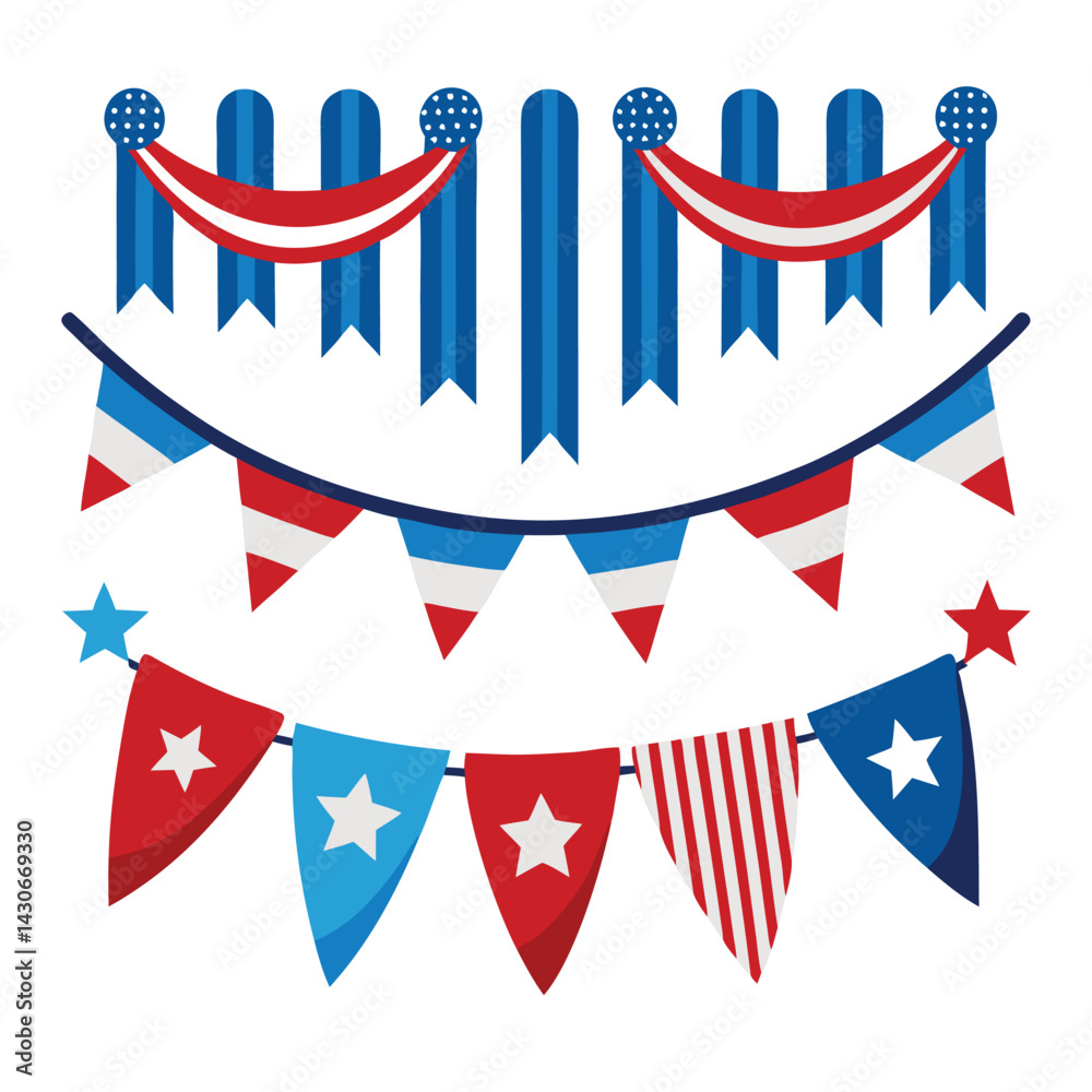 Fototapeta premium American patriotic streamers set isolated shilhotee vector on white background