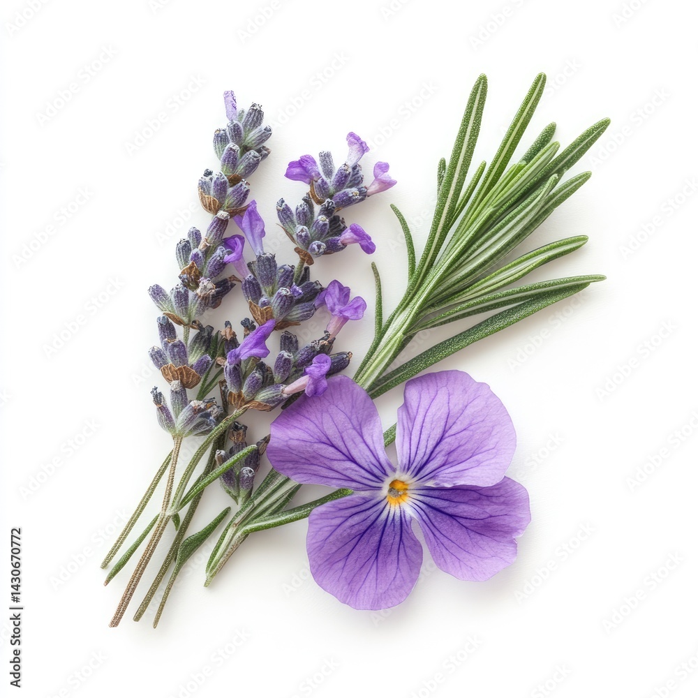 Naklejka premium Fresh purple lavender, rosemary, and pansy arrangement. Aromatic sprigs of lavender