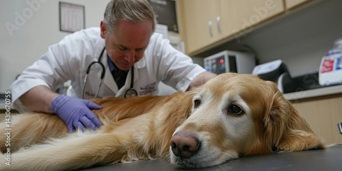 A caring vet examining a golden retriever at a pet clinic photo