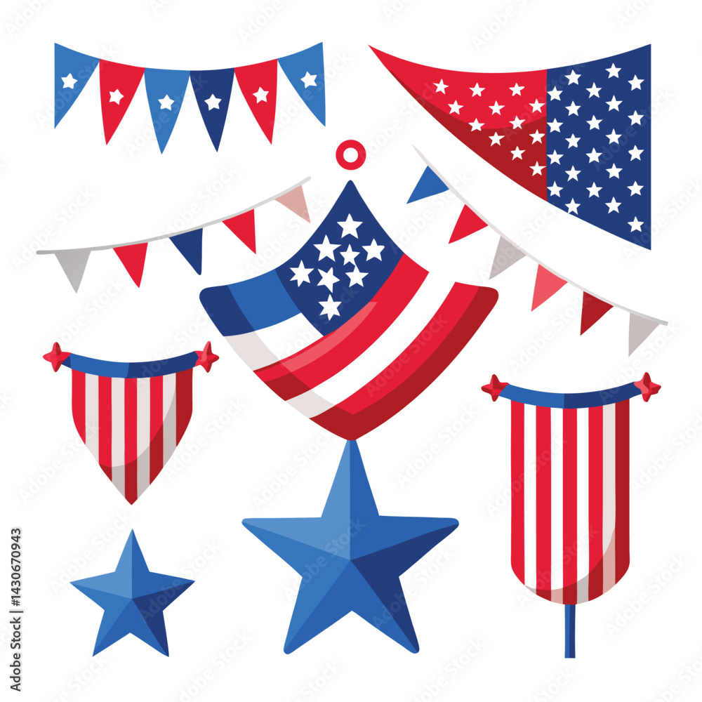 Fototapeta premium American patriotic streamers set isolated shilhotee vector on white background