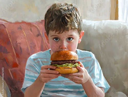 Photo of a Boy Eating a Hamburger